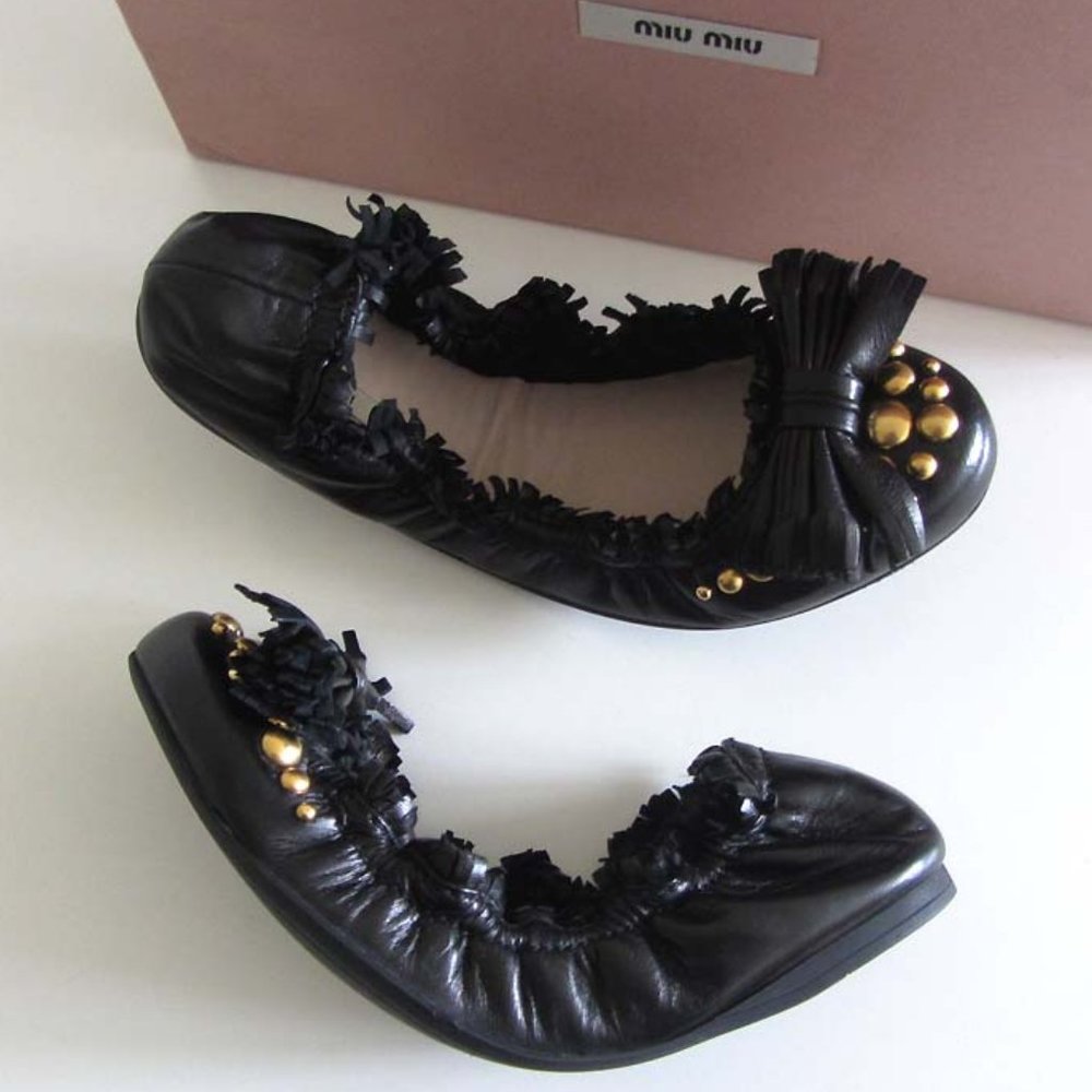 New Miu Miu Black Studded Bow Ballet Flats 36 6 Us - image 4